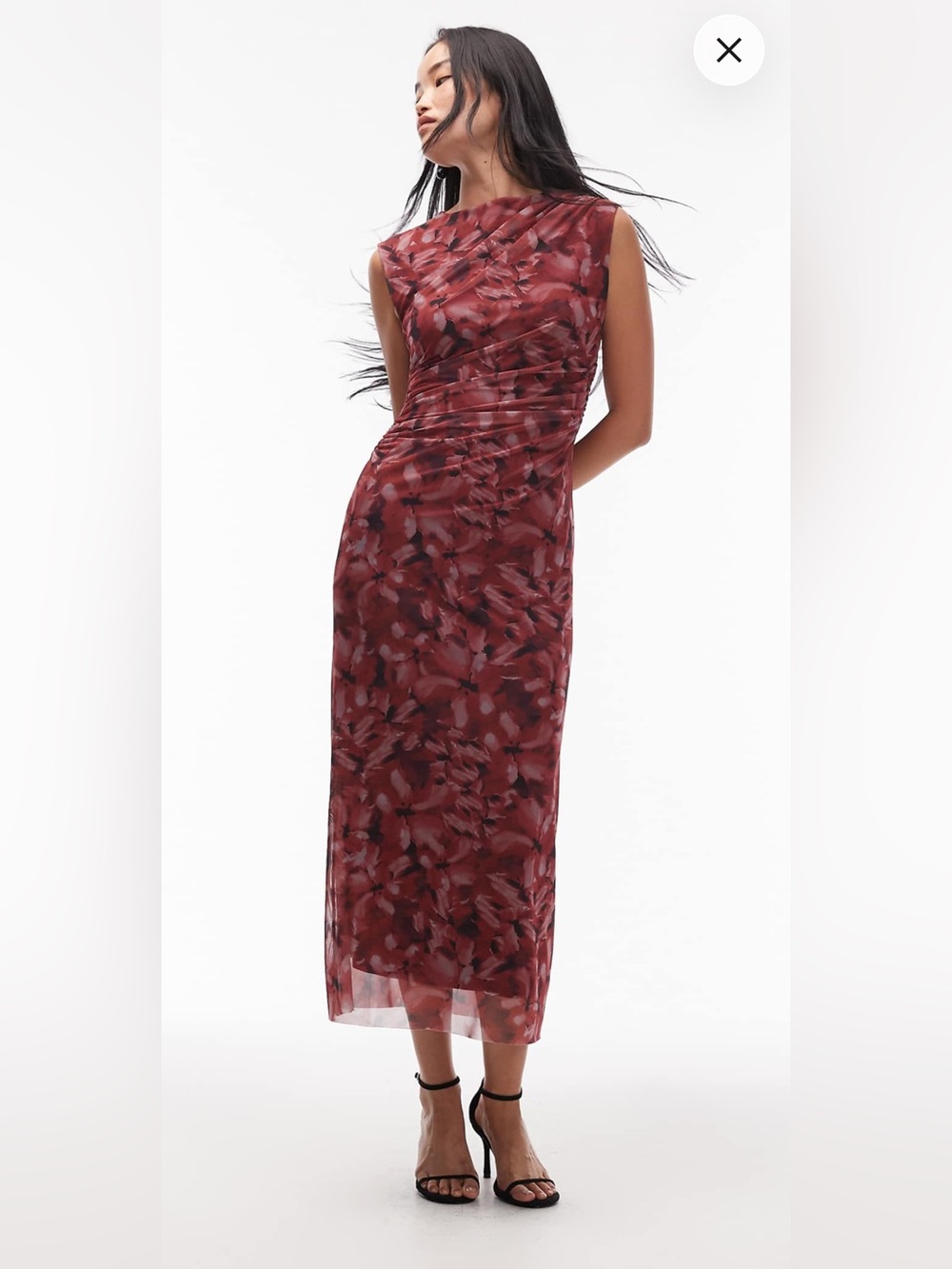 Mesh Midi Dress with Drape Detail in Burgundy
